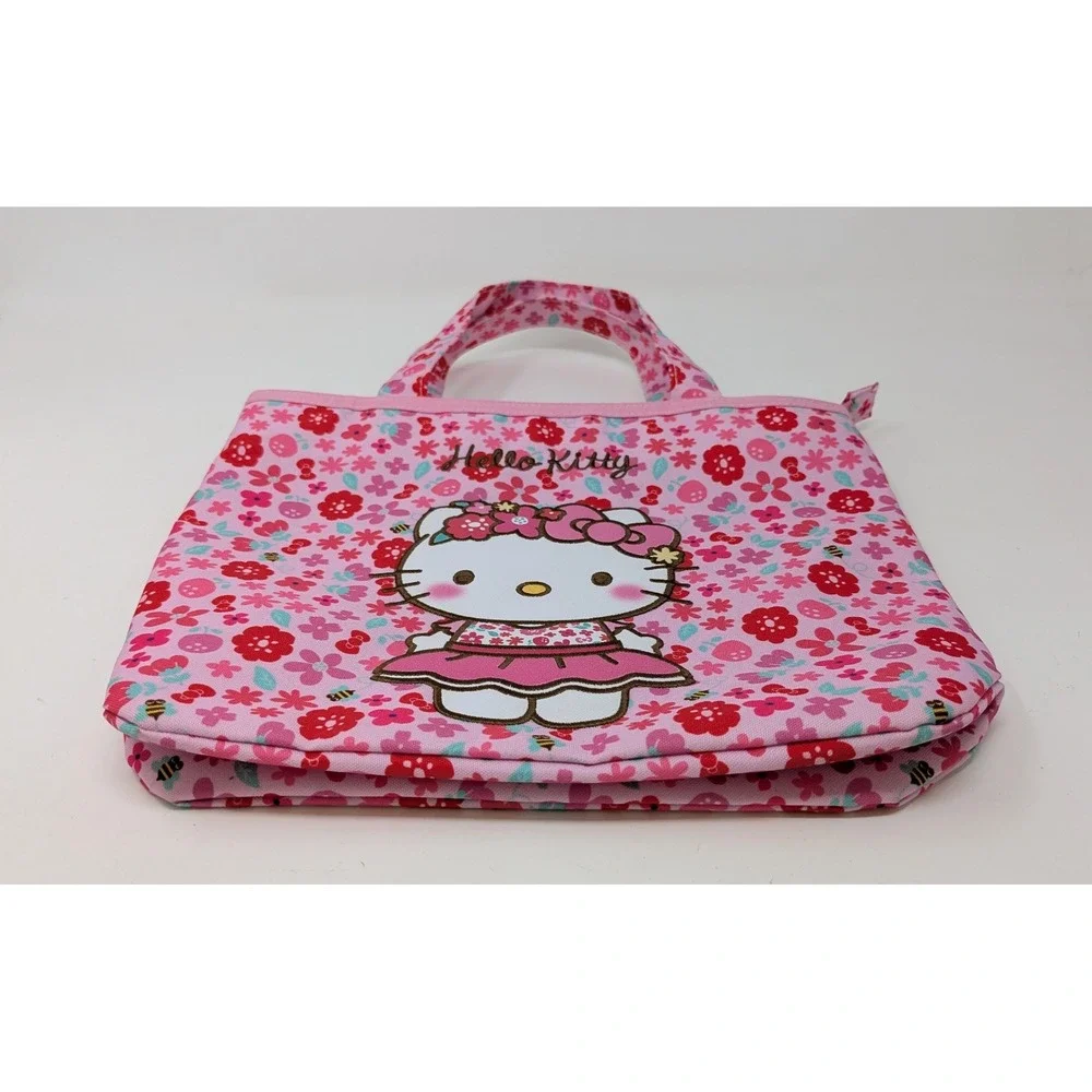 Sanrio Hello Kitty Hand Bag Purse Small Canvas Tote Pink Floral Flowers Kawaii
